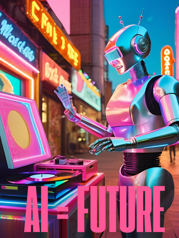AI robot in a neon-lit futuristic retro world, representing the future of AI-enhanced creativity for modern creative agencies.