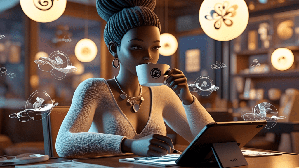 AI digital deity girl sitting in a trendy brand cafe, working on a laptop, symbolizing virtual deities shaping future metaverse marketplaces.