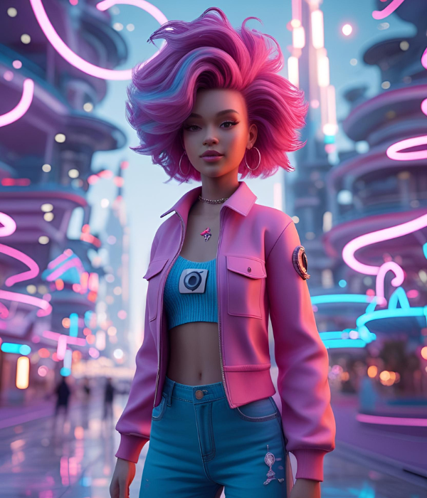 AI virtual influencer girl with futuristic digital aesthetics, representing the rise of virtual personalities in metaverse marketplaces.