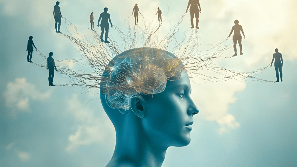 Human brain with interconnected lines linking to other minds and thoughts, symbolizing neuro-responsive marketing and cognitive advertising networks.