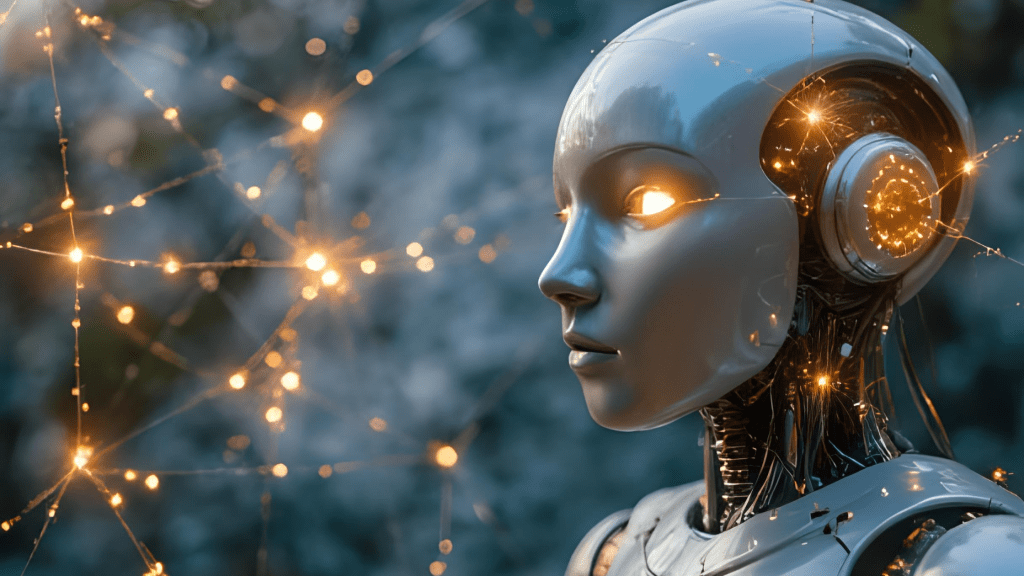 AI robot with blinking digital brain lights, visualizing neuro-responsive marketing and futuristic advertising technology.