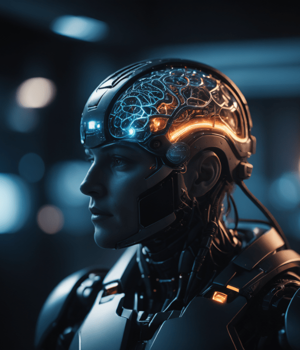 Humanoid figure with AI-powered robotic brain illuminated by futuristic lights, representing neuro-responsive marketing technology.