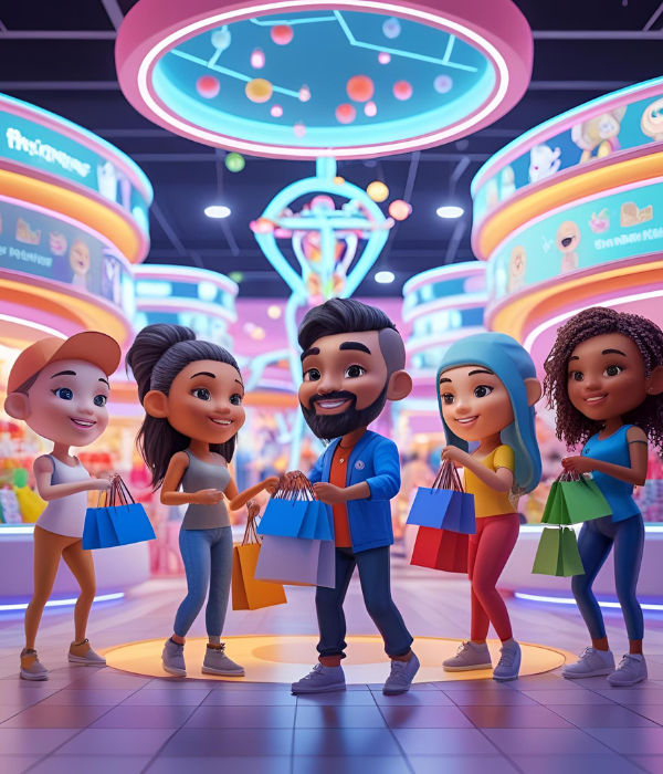 3D avatars shopping in a virtual metaverse mall, representing brand spaces in the spatial web 3.0