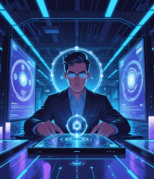 Marketing professional working inside a quantum computer environment, developing a quantum marketing campaign strategy.