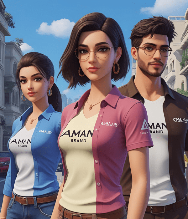 Three video game characters wearing branded t-shirts featuring popular logos, showcasing in-game advertising trends in 2026