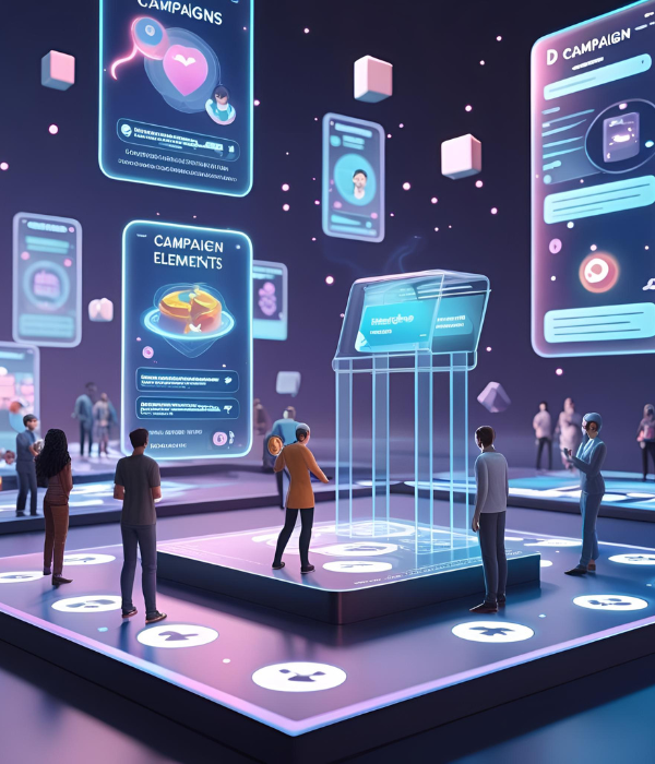 Futuristic digital workspace with people co-creating advertising campaigns through holographic screens in the metaverse.