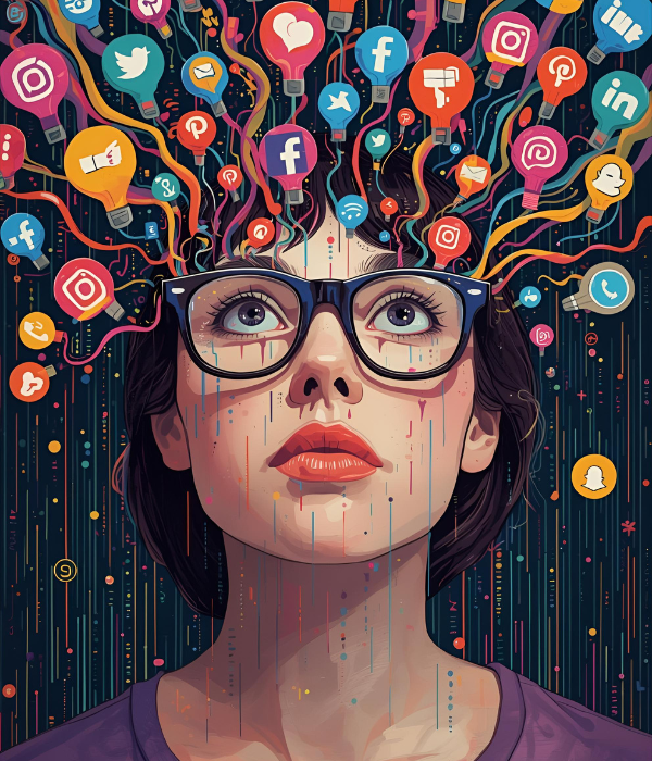 Creative marketer surrounded by social media icons symbolizing algorithm-proof content strategy