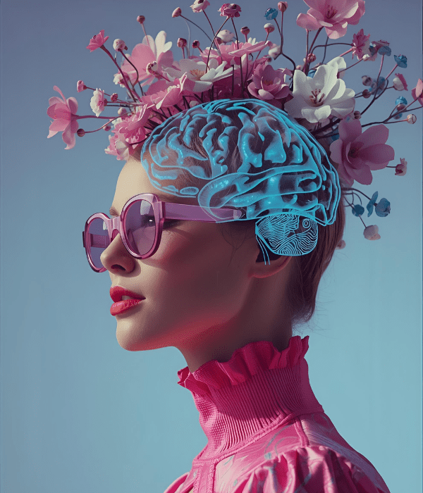 Surrealistic human figure with abstract brain visual representing neuroaesthetics and cognitive design