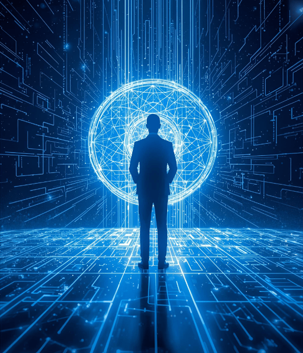 Man inside metaverse with quantum data visualizations, representing quantum marketing strategist in virtual world