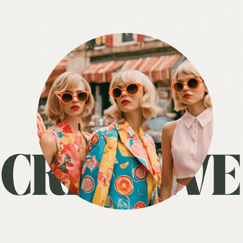 Three stylish women in bold, creative fashion posing together - representing vibrant brand identity